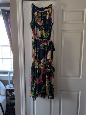 Chetta B Navy Floral Sleeveless Maxi Dress with Pink, Cream & Yellow Blooms